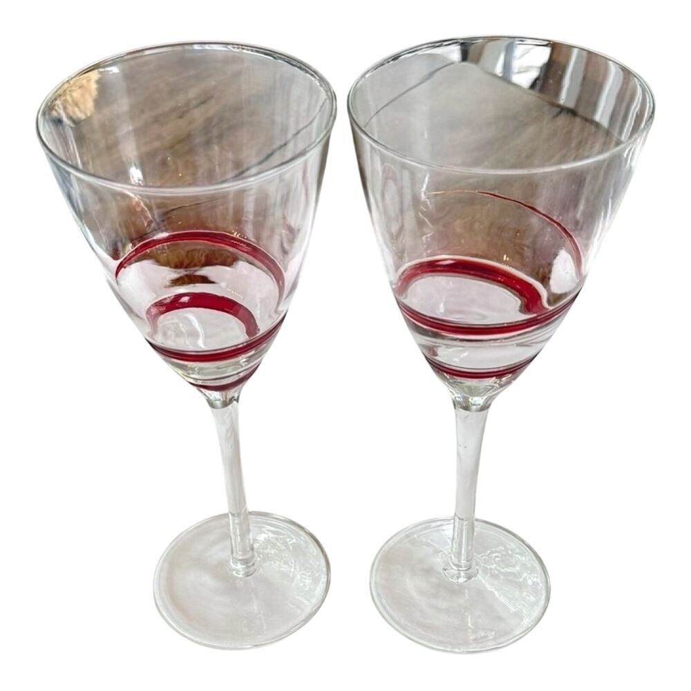 2 -Pier One 1 Red Swirl‎ Line 12oz Wine Glasses Goblets Retired HTF 9 1/8" EUC
